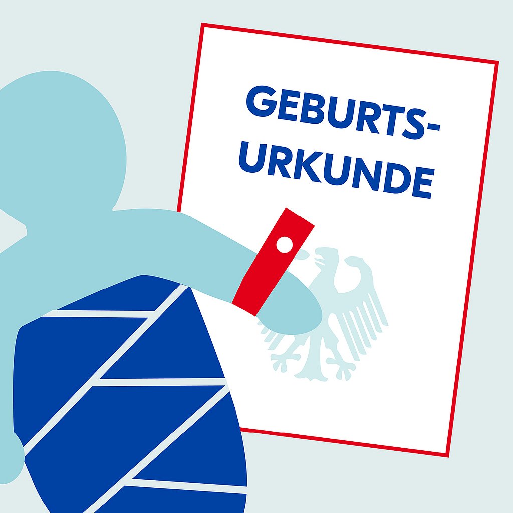 Illustration von einem Baby mit einem Blatt dahinter auf dem Geburtsurkunde drauf steht